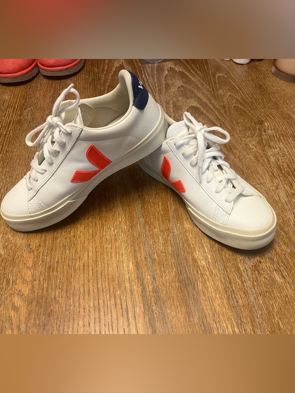 Veja White Leather Sneakers with Orange V and Navy Heel
